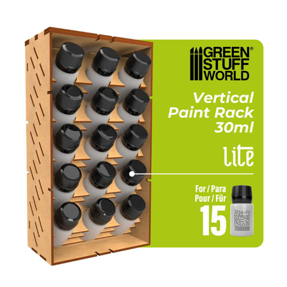 Green Stuff World Vertical Paint Rack 30ml LITE 11524 – stojak na 15 butelek 30ml, widok z przodu z oznaczeniem pojemności
