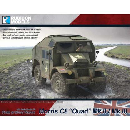 Morris C8 Quad Mk II Mk III Rubicon Models – okładka pudełka 1:56, model oliwkowy 182 na błotnistej drodze, 280114