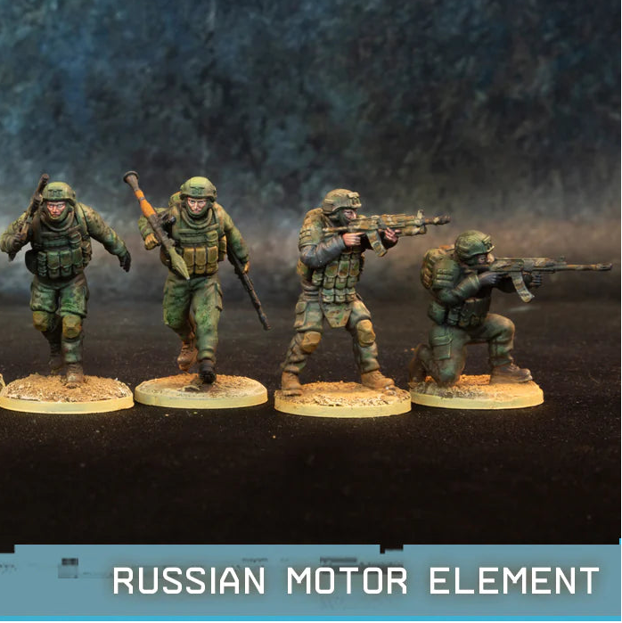Russian Motor Rifle Element Spectre Miniatures – 4 żołnierzy w mundurach Ratnik z AK-12, RPK-16 i RPG-7, kamuflaż EMR, 28mm widok z przodu

