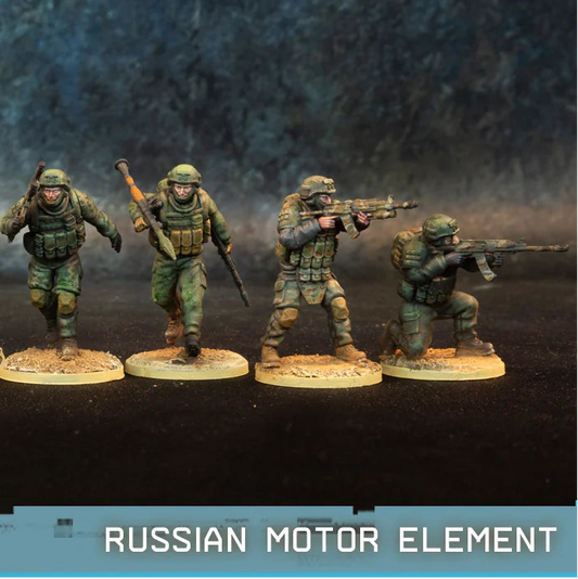Russian Motor Rifle Element Spectre Miniatures – 4 żołnierzy w mundurach Ratnik z AK-12, RPK-16 i RPG-7, kamuflaż EMR, 28mm widok z przodu
