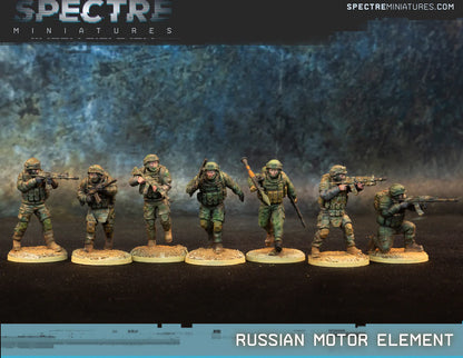 Russian Motor Rifle Element Spectre Miniatures – 7 żołnierzy w mundurach Ratnik z AK-12, RPK-16 i RPG-7, kamuflaż EMR, 28mm widok z przodu
