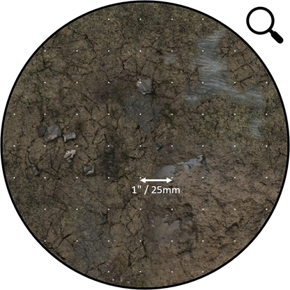 Muddy Streets – Mata do gry 2'x2' z gridem Mousepad Battle Systems – zbliżenie siatki 1"/25mm na błotnistym terenie