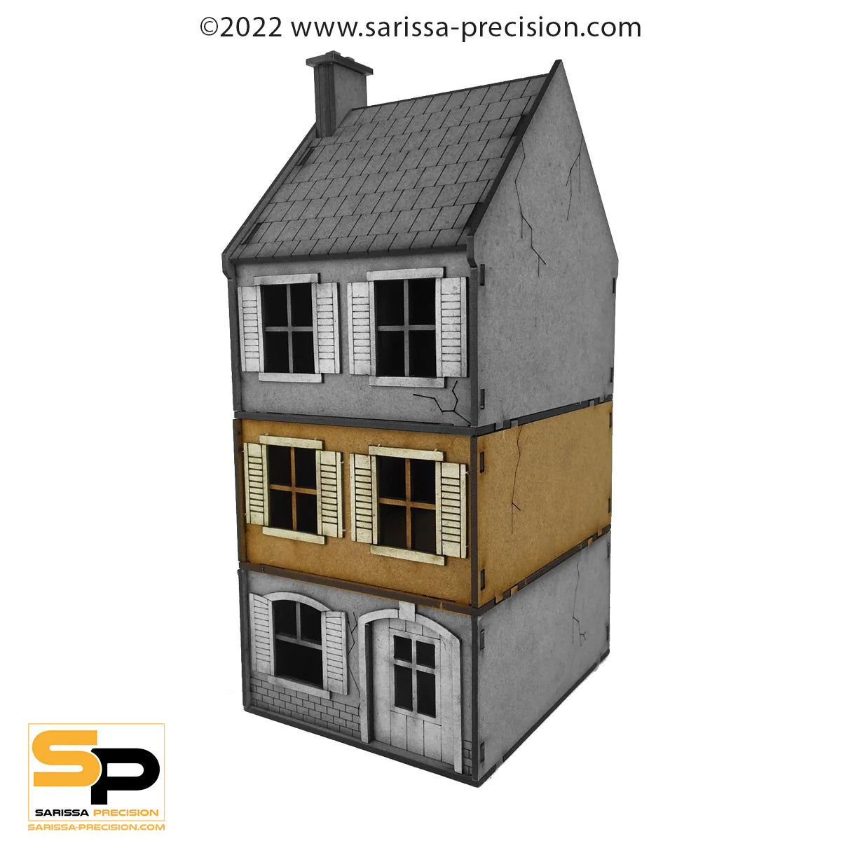 Destroyed Small House N007 28mm MDF - Zniszczony Mały Dom - widok złożonego modelu Sarissa Precision
