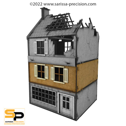 Destroyed Small Shop N013 28mm MDF - Zniszczony Mały Sklep - pomalowany model widok frontu Sarissa Precision
