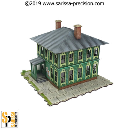 Russian Townhouse #1 N166 – widok izometryczny z przodu z podstawą: 2-piętrowy dom z werandą na szarej kamiennej podstawie z trawą i kamieniami, 28mm Sarissa Precision
