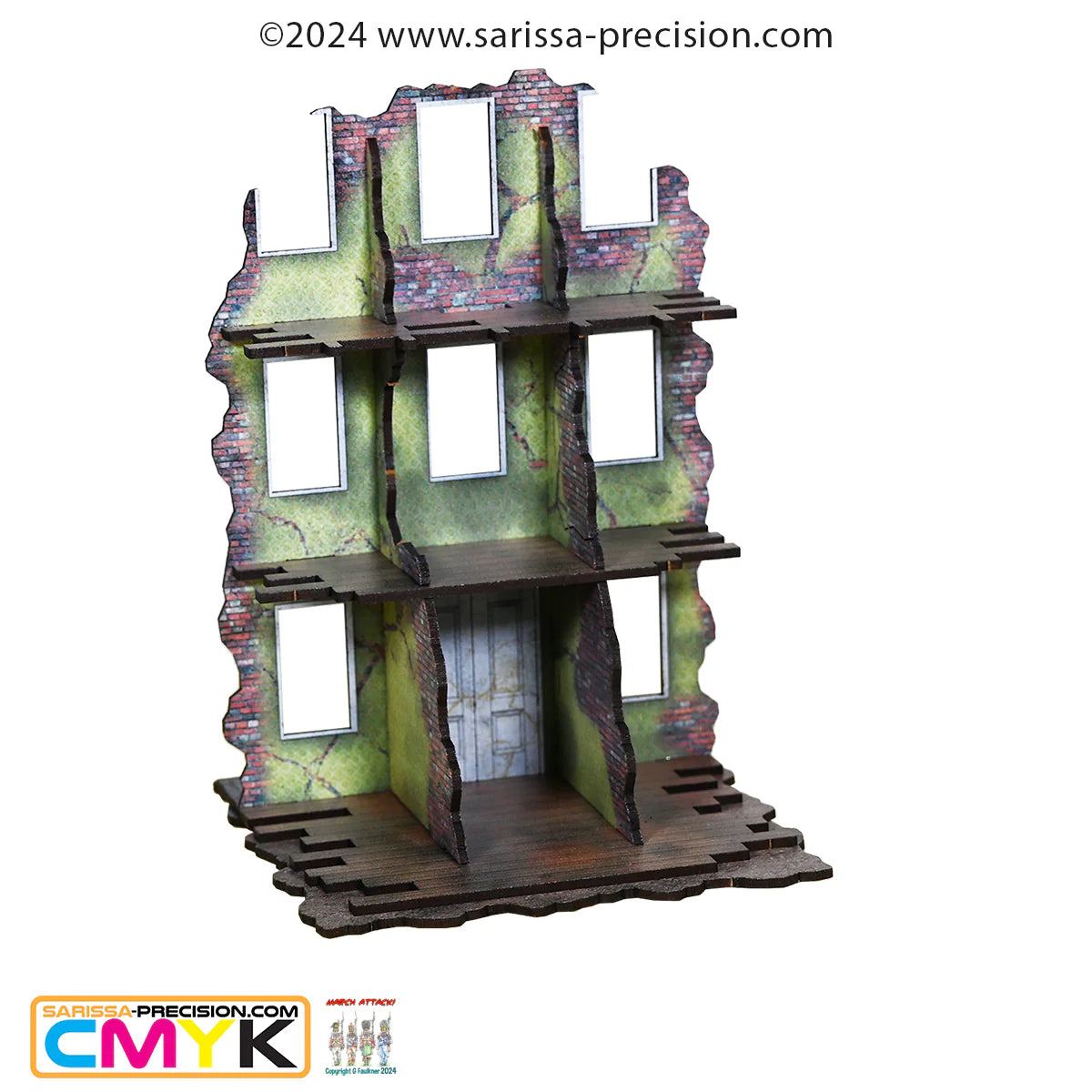 Destroyed City Building Front N461C – widok izometryczny z tyłu na ruinę 3-piętrowej kamienicy: wnętrze z zielonymi ścianami pokrytymi mchem i pęknięciami, 3 poziomy podłóg i puste okna, kolorowy nadruk CMYK, 28mm Sarissa Precision
