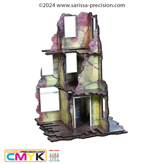 Destroyed City Shop Corner N462C 28mm MDF w kolorze - Zniszczony Narożnik Sklepu - druk UV CMYK widok z boku Sarissa Precision

