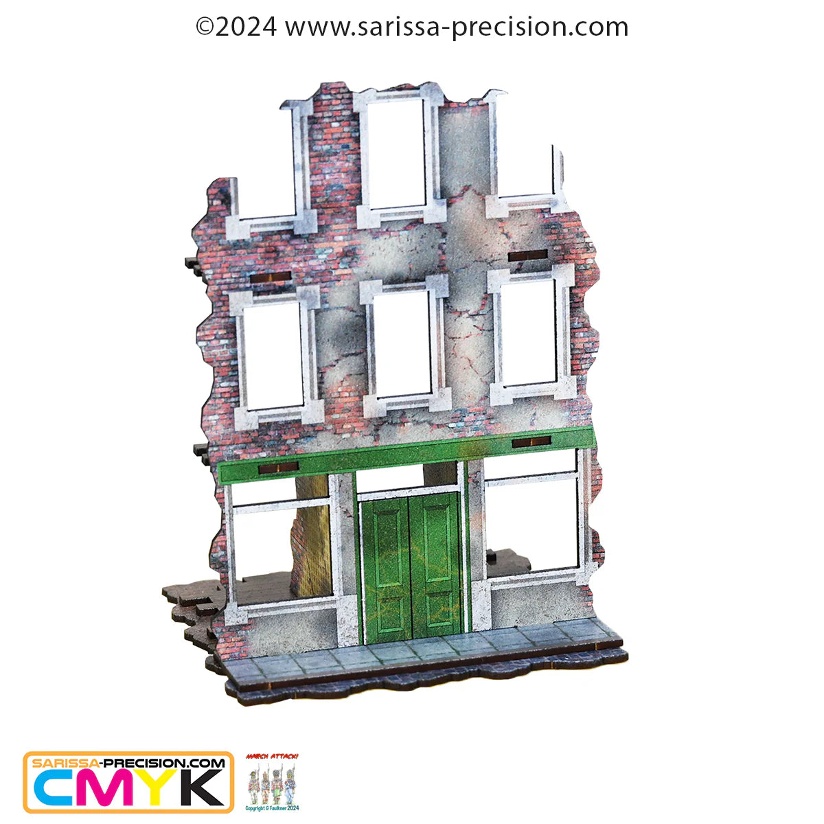 Destroyed City Block B N472BC – widok izometryczny z przodu na sekcję sklepu N464C: szara fasada z zielonymi drzwiami sklepowymi i pustymi oknami wystawowymi, kolorowy nadruk CMYK, 28mm Sarissa Precision
