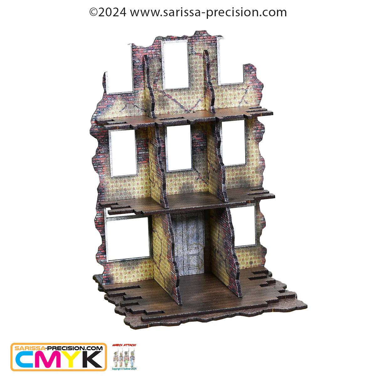 Destroyed City Shop Front N464C – widok izometryczny z tyłu na ruinę 3-piętrowej kamienicy: wnętrze z tapetą w kwiaty, 3 poziomy podłóg i puste okna, kolorowy nadruk CMYK, 28mm Sarissa Precision
