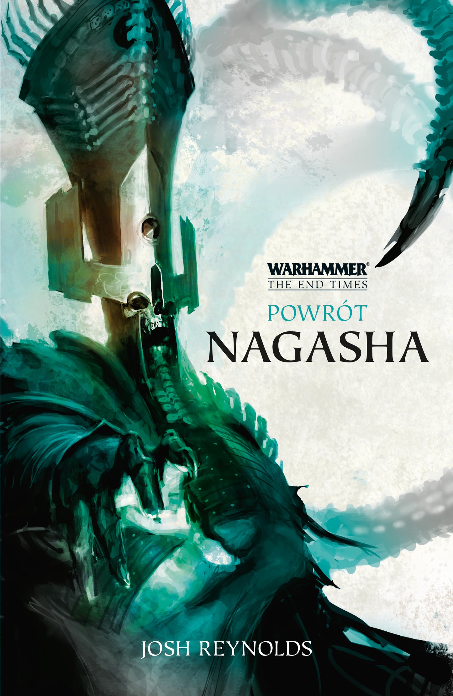 Powrót Nagasha – okładka 2D powieści Warhammer The End Times, Josh Reynolds, Koniec Czasów Tom I, Nagash w zielonej zbroi
