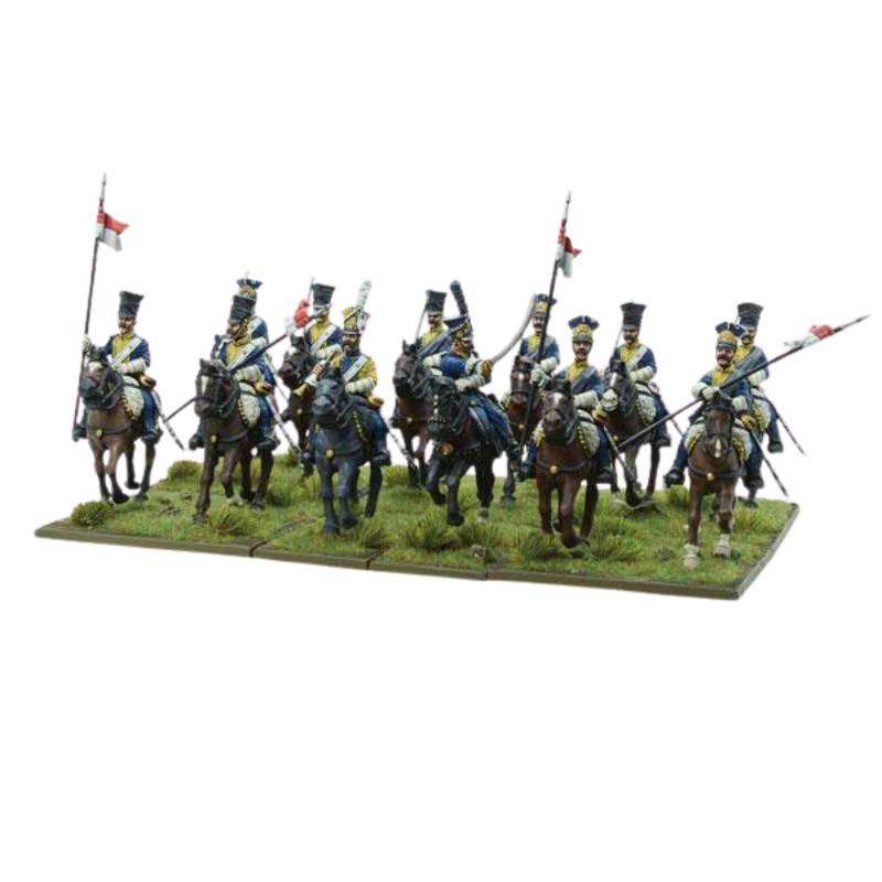 Napoleonic Polish Line Light Horse Lancers 302212001 – widok szarżującego szwadronu 12 pomalowanych figurek polskich lansjerów w niebieskich mundurach z lancami i czerwono-białymi proporczykami, 28mm Black Powder
