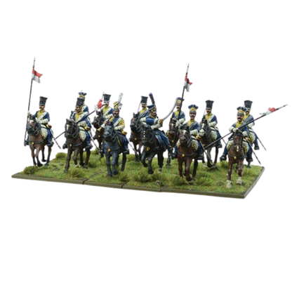 Napoleonic Polish Line Light Horse Lancers 302212001 – widok szarżującego szwadronu 12 pomalowanych figurek polskich lansjerów w niebieskich mundurach z lancami i czerwono-białymi proporczykami, 28mm Black Powder

