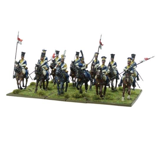 Napoleonic Polish Line Light Horse Lancers 302212001 – widok szarżującego szwadronu 12 pomalowanych figurek polskich lansjerów w niebieskich mundurach z lancami i czerwono-białymi proporczykami, 28mm Black Powder
