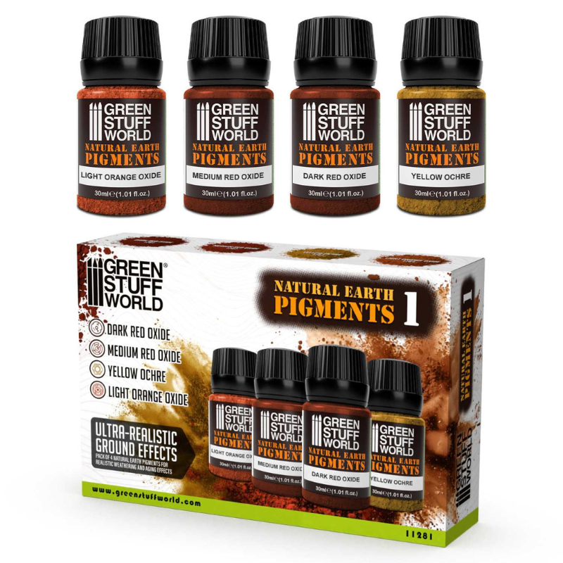 Natural Earth Pigments Set 30ml Nr 1 11281 – Green Stuff World – 4 butelki 30ml: Light Orange Oxide 1764, Medium Red Oxide 1762, Dark Red Oxide 1761, Yellow Ochre 1763