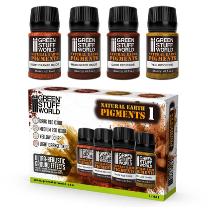 Natural Earth Pigments Set 30ml Nr 1 11281 – Green Stuff World – 4 butelki 30ml: Light Orange Oxide 1764, Medium Red Oxide 1762, Dark Red Oxide 1761, Yellow Ochre 1763