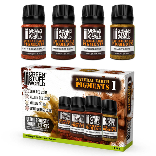 Natural Earth Pigments Set 30ml Nr 1 11281 – Green Stuff World – 4 butelki 30ml: Light Orange Oxide 1764, Medium Red Oxide 1762, Dark Red Oxide 1761, Yellow Ochre 1763