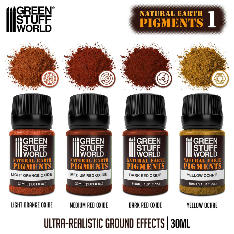 Natural Earth Pigments Set 30ml Nr 1 11281 – Green Stuff World – 4 kolory: Light Orange Oxide, Medium Red Oxide, Dark Red Oxide, Yellow Ochre