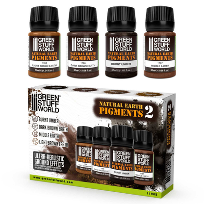 Natural Earth Pigments Set 30ml Nr 2 11282 – Green Stuff World – 4 butelki 30ml: Light Brown Earth 1768, Dark Brown Earth 1766, Burnt Umber 1765, Middle Earth 1767