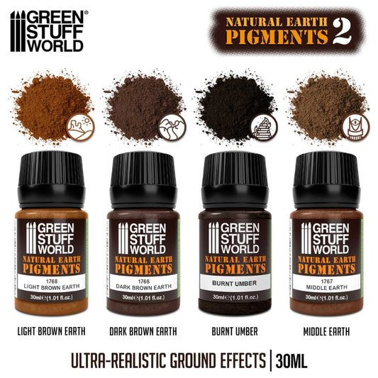 Natural Earth Pigments Set 30ml Nr 2 11282 – Green Stuff World – 4 kolory: Light Brown Earth, Dark Brown Earth, Burnt Umber, Middle Earth
