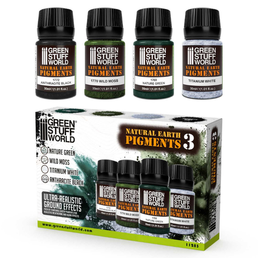Natural Earth Pigments Set 30ml Nr 3 11283 – Green Stuff World – 4 butelki 30ml: Anthracite Black 1772, Wild Moss 1770, Nature Green 1769, Titanium White