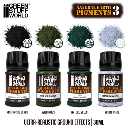 Natural Earth Pigments Set 30ml Nr 3 11283 – Green Stuff World – 4 kolory: Anthracite Black, Wild Moss, Nature Green, Titanium White