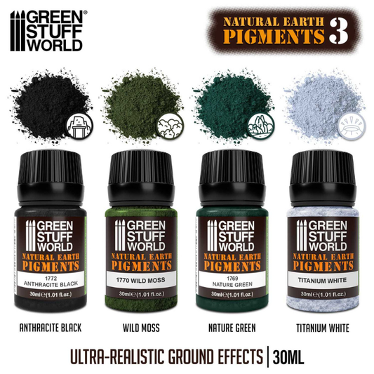 Natural Earth Pigments Set 30ml Nr 3 11283 – Green Stuff World – 4 kolory: Anthracite Black, Wild Moss, Nature Green, Titanium White