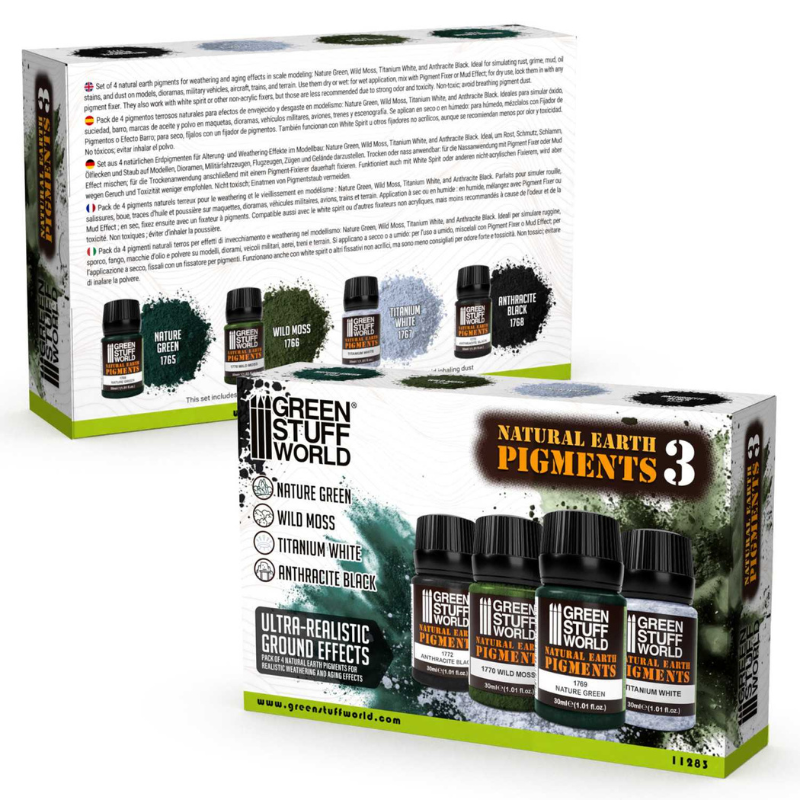 Natural Earth Pigments Set 30ml Nr 3 11283 – Green Stuff World – opakowanie zestawu, widok przodu i tyłu pudełka z opisem zawartości