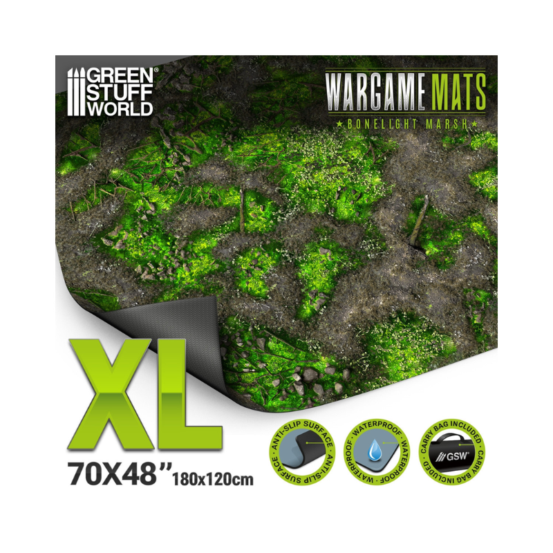 Green Stuff World Wargame Mat Boneblight Marsh XL 70x48" (180x120cm) – widok całej maty z zielonym bagnem, szkieletami i mchem, logo GSW, rozmiar XL, antypoślizgowa, wodoodporna, torba w zestawie