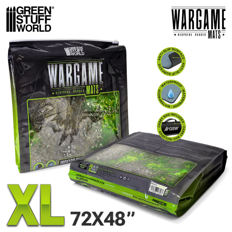 Wargame Mat Boneblight Marsh XL – mata zrolowana w czarnym opakowaniu z okienkiem, widok przodu i tyłu opakowania, rozmiar 72x48", logo Wargame Mats Neoprene Rubber