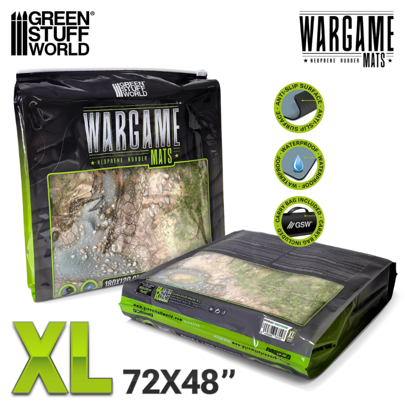 Wargame Mat Duskriver Meadows XL – mata zrolowana w czarnym opakowaniu z okienkiem, widok przodu i tyłu opakowania, rozmiar 72x48", ikony: antypoślizgowa, wodoodporna, torba w zestawie