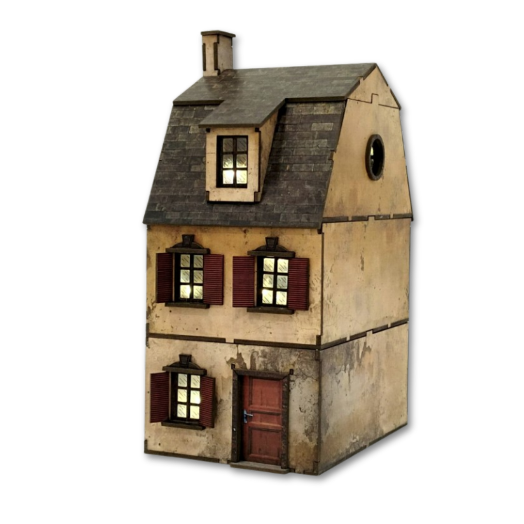 Normandzki Budynek Trzypiętrowy 28mm – widok z przodu, prepainted, SceneryWargames
