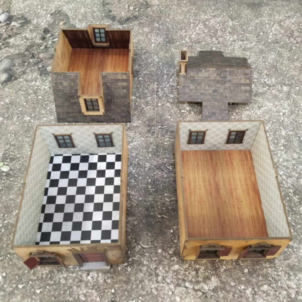 Normandzki Budynek Trzypiętrowy 28mm – wnętrza wszystkich pięter rozłożone, SceneryWargames

