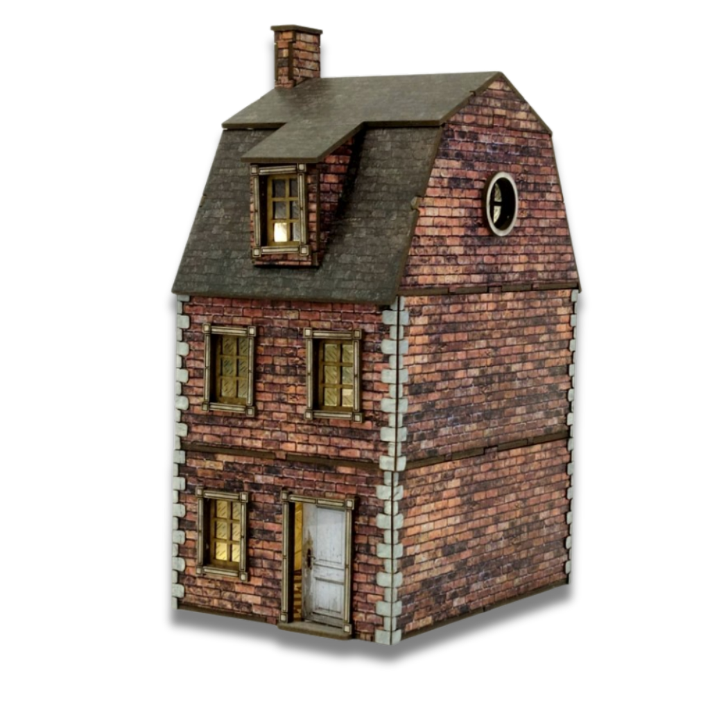 Normandzki Dom Dwupiętrowy 28mm – widok z przodu, cegła, prepainted, SceneryWargames
