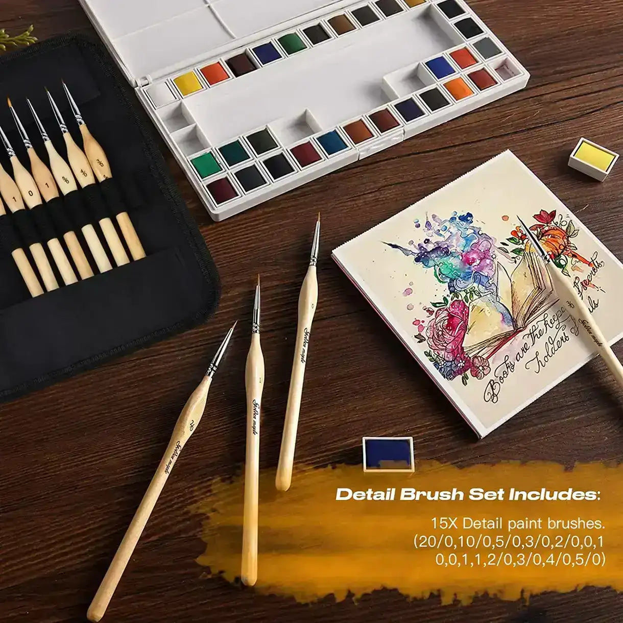 Infografika zastosowań pędzli Golden Maple Nylon – Acrylic Painting (dziewczyna malująca obraz) i Painting Miniatures (malowanie figurki Warhammer Space Marine pędzlem Round 0)
