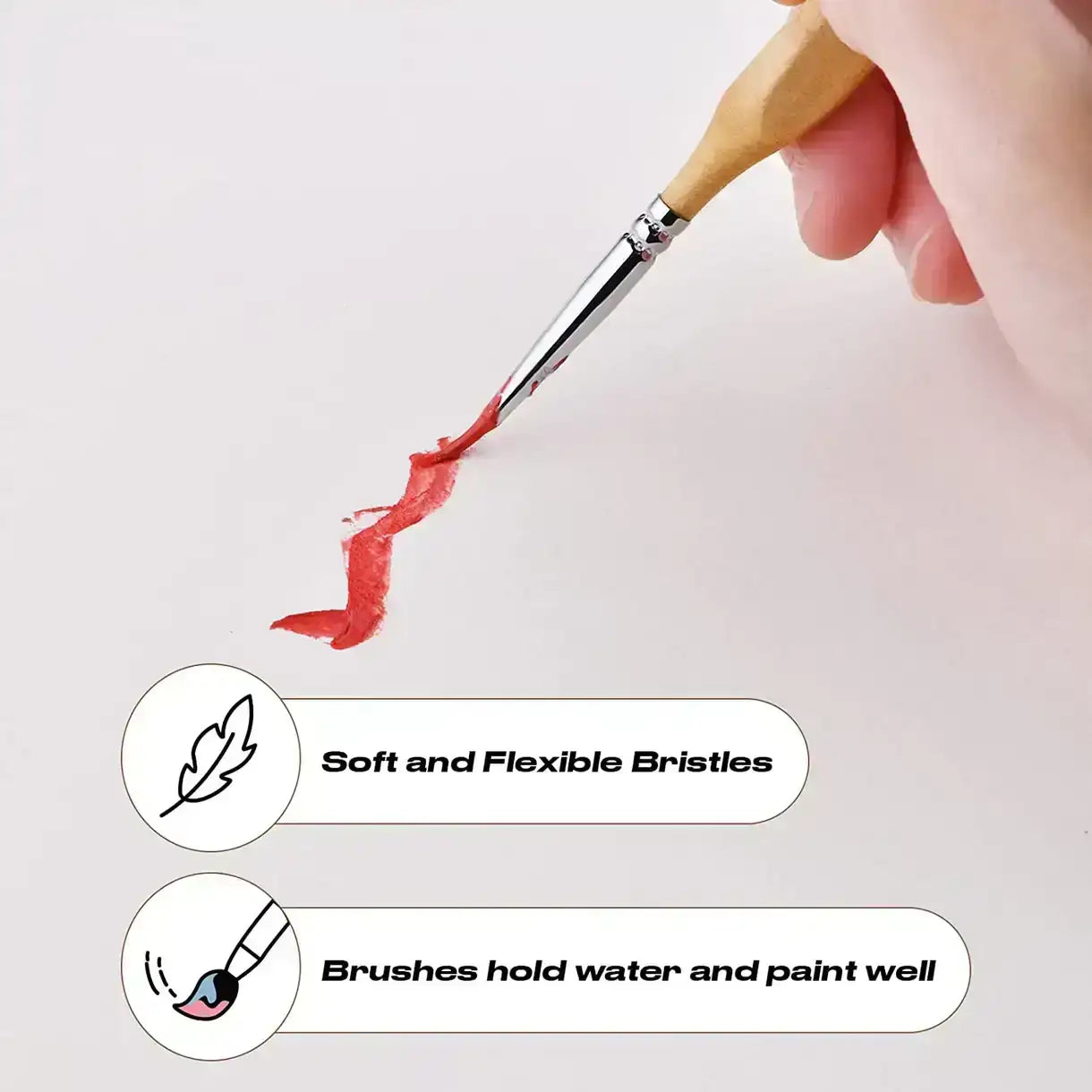 Infografika budowy pędzla Golden Maple Nylon 20/0 – trzy sekcje: 1. Handle (7 warstw lakieru UV), 2. Grip (ergonomiczny trójkątny uchwyt), 3. Bristles (Premium Taklon do wszystkich mediów)
