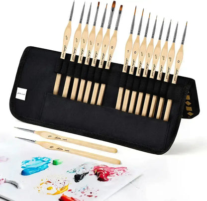 15 pędzli Golden Maple rozłożonych na białym tle z czarnym etui – widoczne rozmiary Thin Lines (20/0–3/0), Liner (2/0–1), Flat (2/0–1), Round (0–5/0) z tabelą długości w cm
