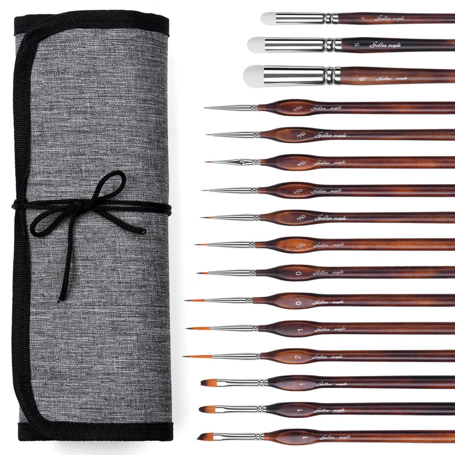 Nylon & Goat Hair Brush Set Golden Maple – 18 pędzli do malowania figurek: 15 pędzli nylonowych (Spot, Liner, Detail, Flat) rozmiary 20/0–2 z brązowymi uchwytami i srebrnym ferrule oraz 3 pędzle dry brush z białego włosia owczego rozmiary #4, #5, #6, obok szare płócienne etui zwijane z czarną wstążką, białe tło
