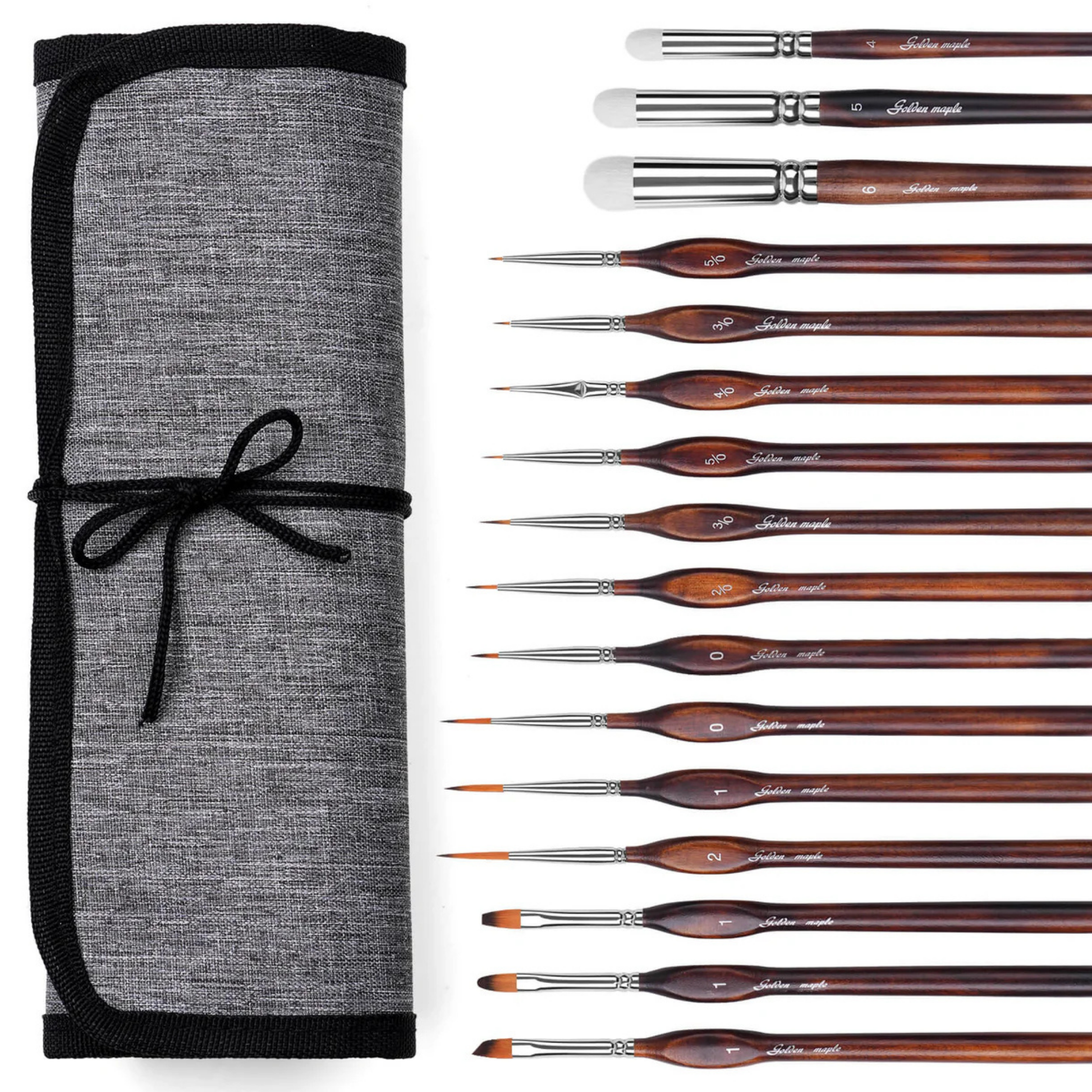 Nylon & Goat Hair Brush Set Golden Maple – 18 pędzli do malowania figurek: 15 pędzli nylonowych (Spot, Liner, Detail, Flat) rozmiary 20/0–2 z brązowymi uchwytami i srebrnym ferrule oraz 3 pędzle dry brush z białego włosia owczego rozmiary #4, #5, #6, obok szare płócienne etui zwijane z czarną wstążką, białe tło
