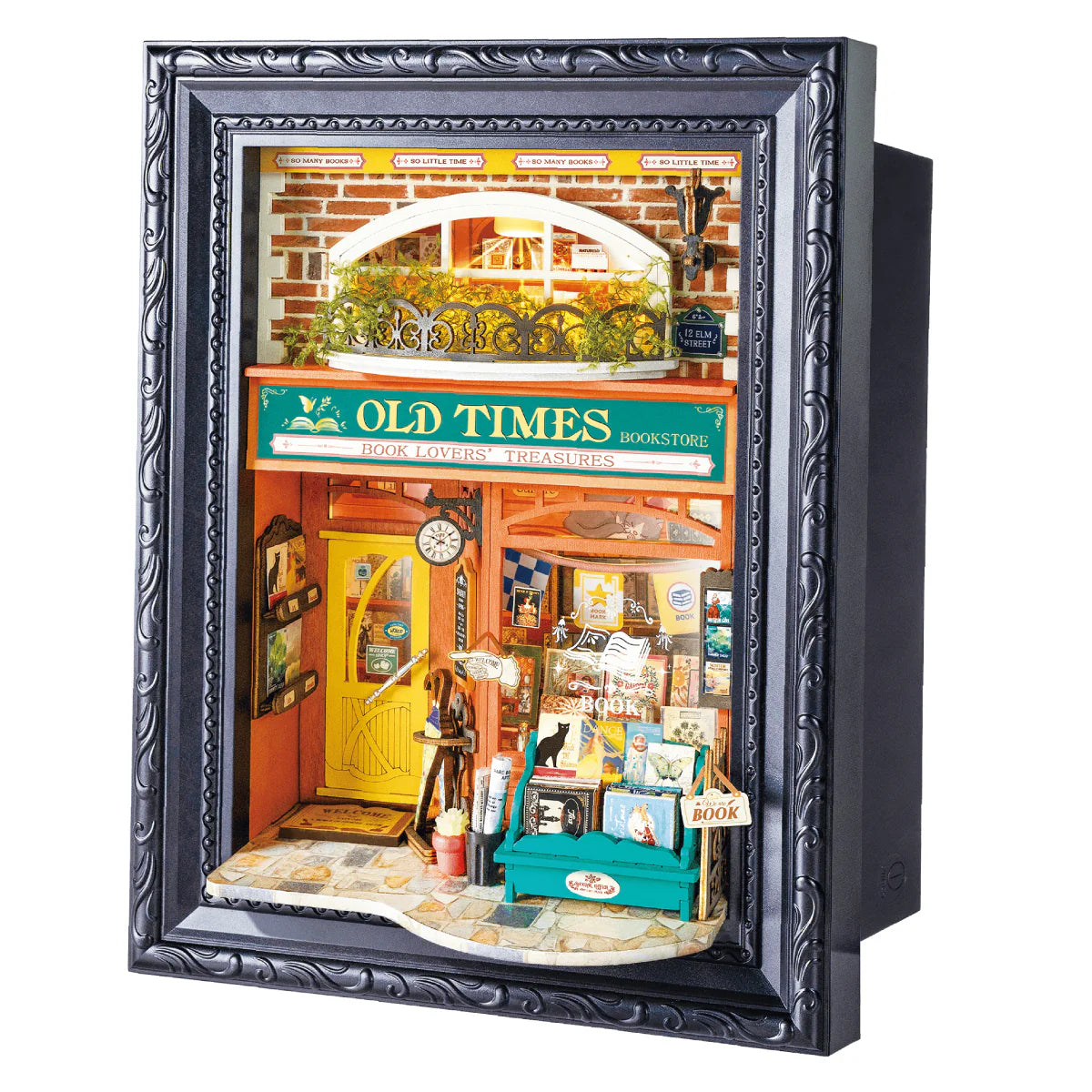 Antykwariat Old Times Bookstore Rolife DP004 – gotowy model w czarnej ramce z oświetleniem LED, widok frontalny