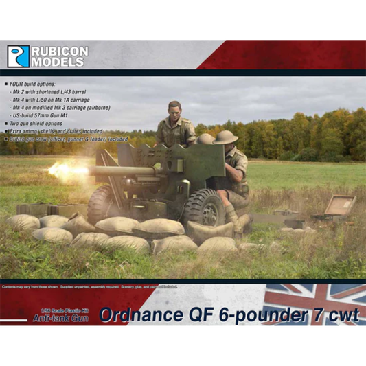 Ordnance QF 6-Pounder 7cwt – okładka pudełka Rubicon Models 1:56, załoga brytyjska przy działonie, 280139