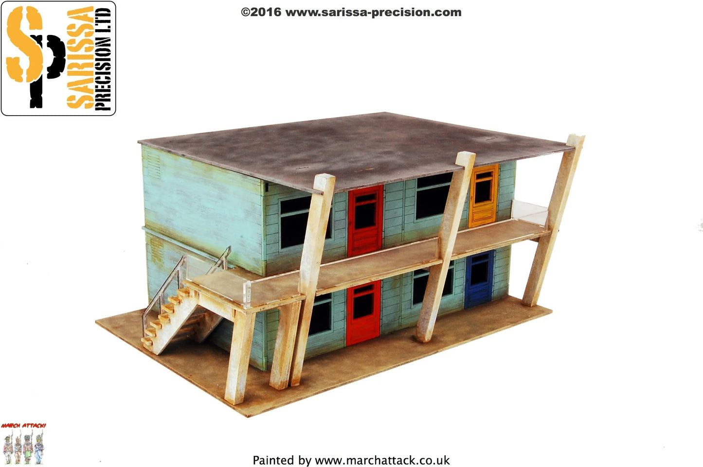 Motel Rooms Left P005 28mm MDF - Pokoje Motelu Lewe - pomalowany model widok frontu z kolorowymi drzwiami Sarissa Precision
