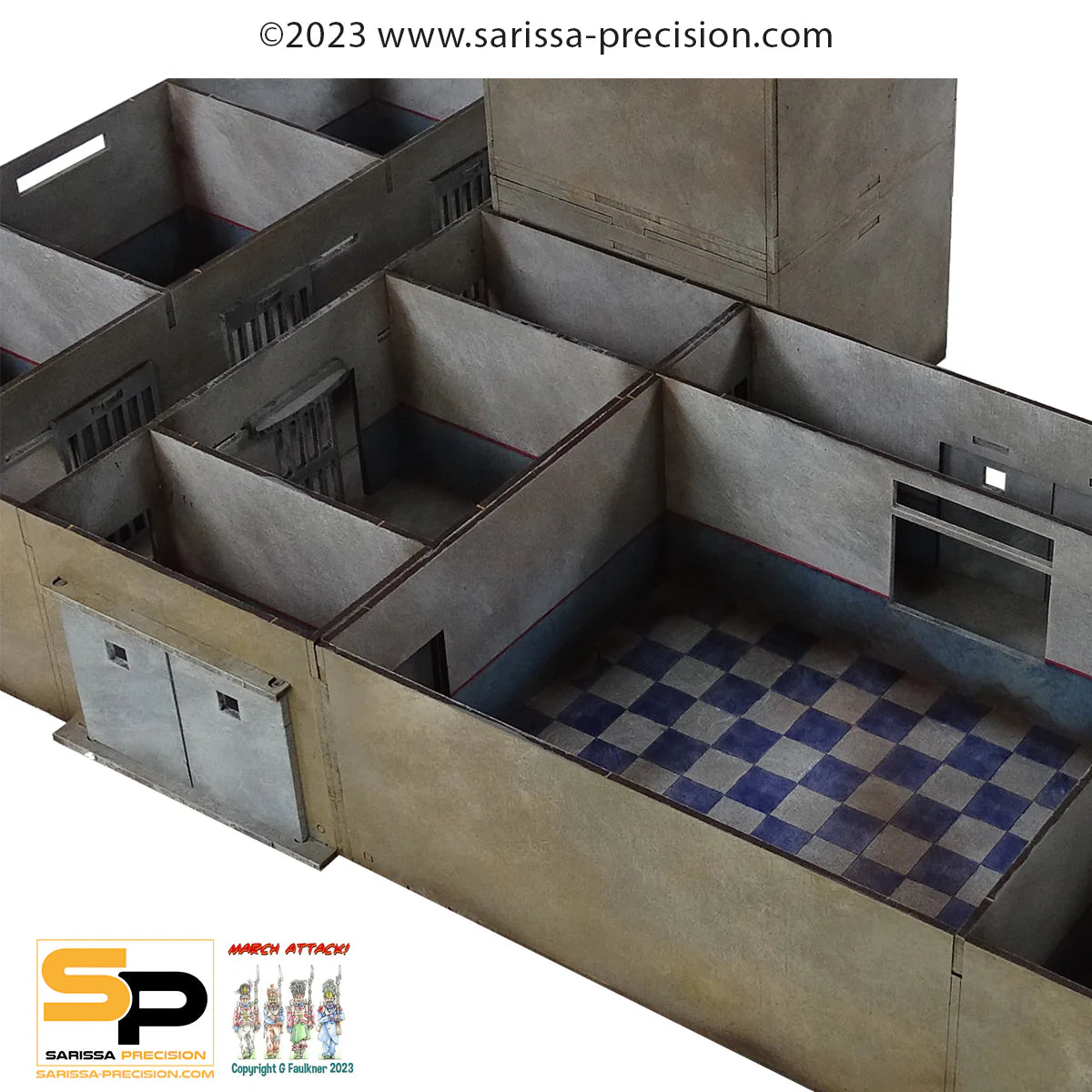 The Prison P033 28mm MDF - Więzienie - pomalowany model widok z boku z wieżą Sarissa Precision
