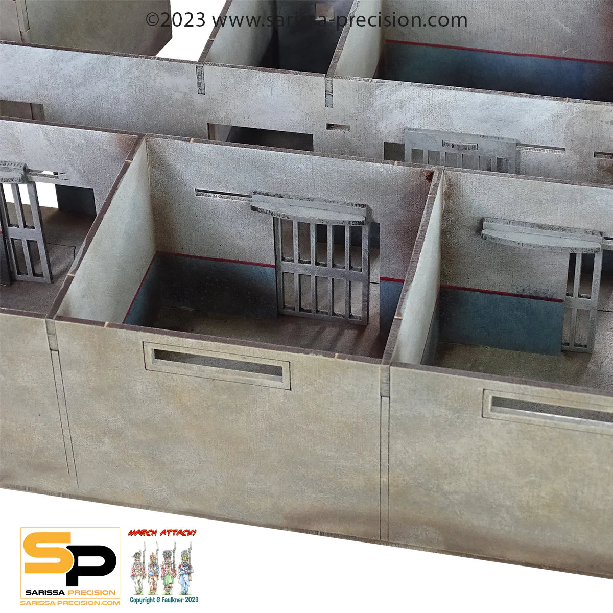The Prison P033 28mm MDF - Więzienie - szczegół wnętrza cele z kratami i drzwiami Sarissa Precision
