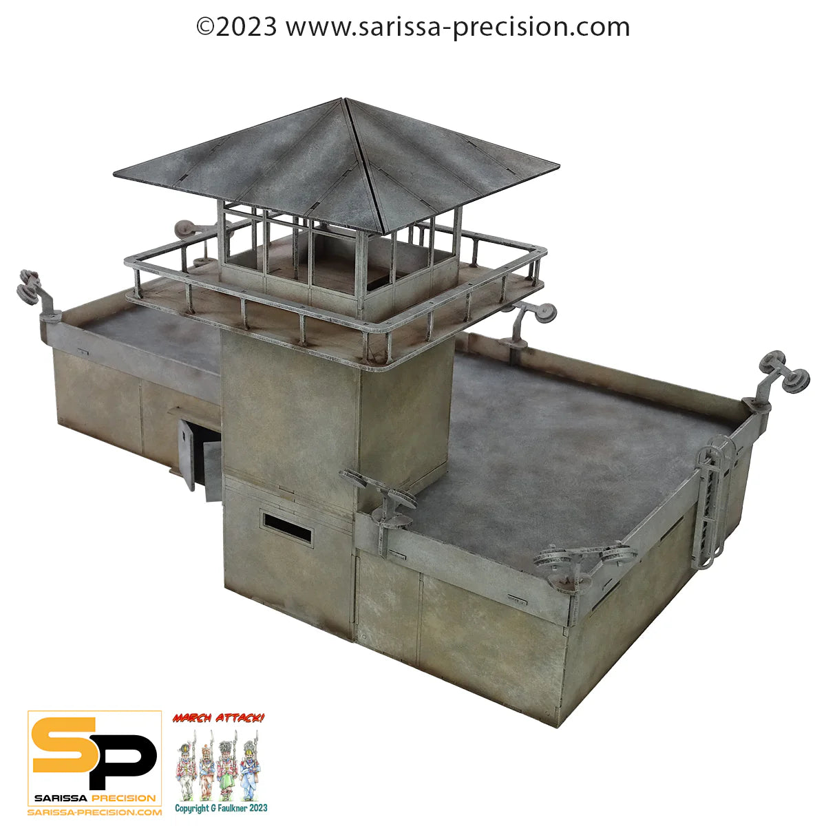 The Prison P033 28mm MDF - Więzienie - pomalowany model widok z przodu z wejściem Sarissa Precision
