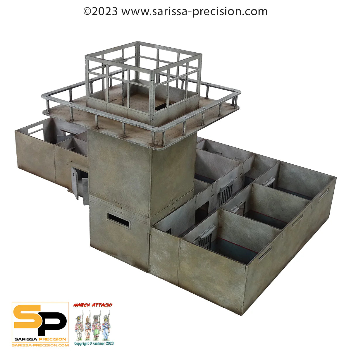The Prison P033 28mm MDF - Więzienie - pomalowany model widok z góry zdjęty dach wnętrze Sarissa Precision
