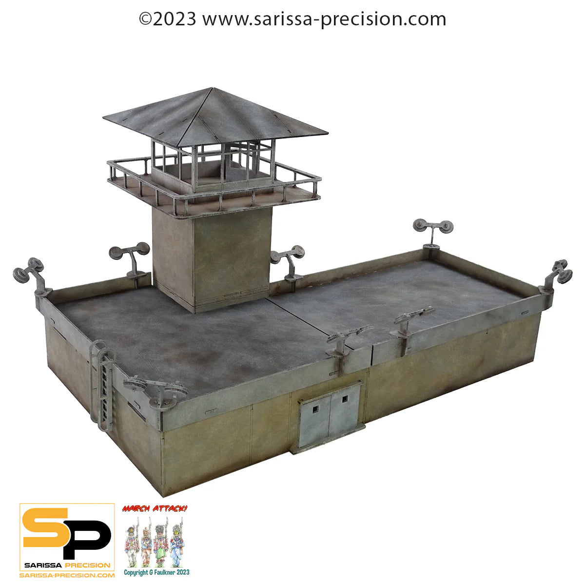 The Prison P033 28mm MDF - Więzienie - pomalowany model widok z tyłu z wieżą strażniczą Sarissa Precision

