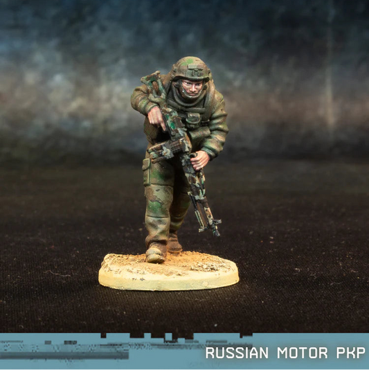Russian Motor PKP Spectre Miniatures – żołnierz Ratnik z karabinem maszynowym PKP w pozycji bojowej, 28mm widok z przodu
