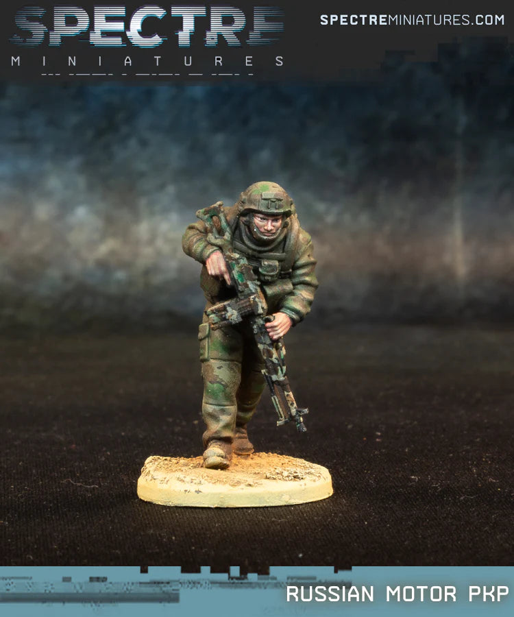 Russian Motor PKP Spectre Miniatures – żołnierz Ratnik z karabinem maszynowym PKP w pozycji bojowej, 28mm widok z przodu
