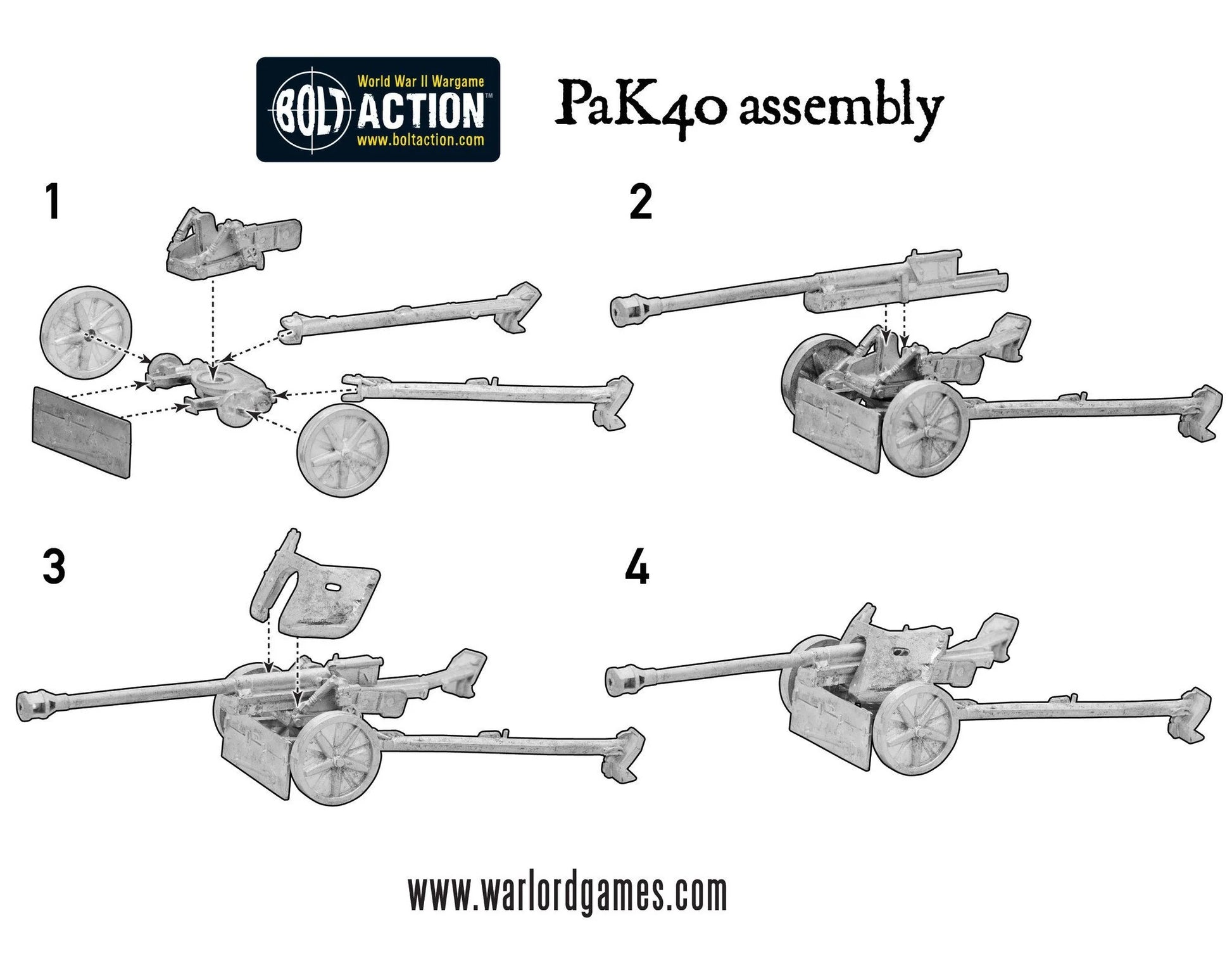 PaK40 instrukcja montażu - 4 kroki składania działa: koła, lufa, tarcza ochronna, gotowy model, logo Bolt Action, kod WGB-WHR-31