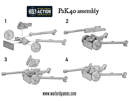 PaK40 instrukcja montażu - 4 kroki składania działa: koła, lufa, tarcza ochronna, gotowy model, logo Bolt Action, kod WGB-WHR-31